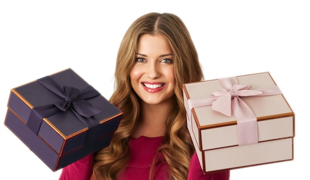 Urodzinowe prezenty świąteczne lub prezent świąteczny szczęśliwa kobieta trzyma pudełka na prezenty na białym tle