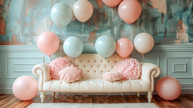 Urodzinowe przyjęcie z balonami i balonami pastelowymi dekoracjami w minimalistycznym stylu fotorealistycznym AI gen