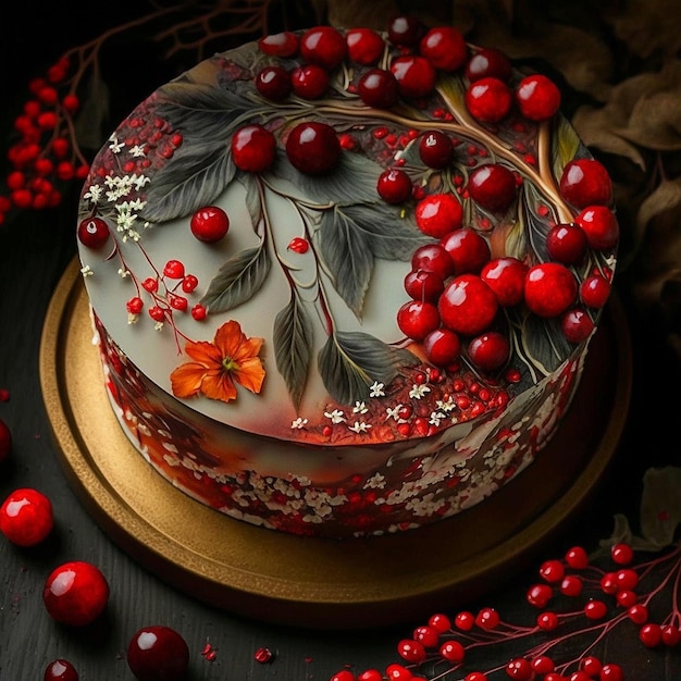 Urodzinowy wiśniowy tort z owocami, czerwony aksamitny obrazek AI Generated Art