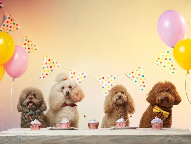 Zdjęcie urodziny psa kilka pudli je tort wakacje ze zwierzakiem karnawałowa zabawa