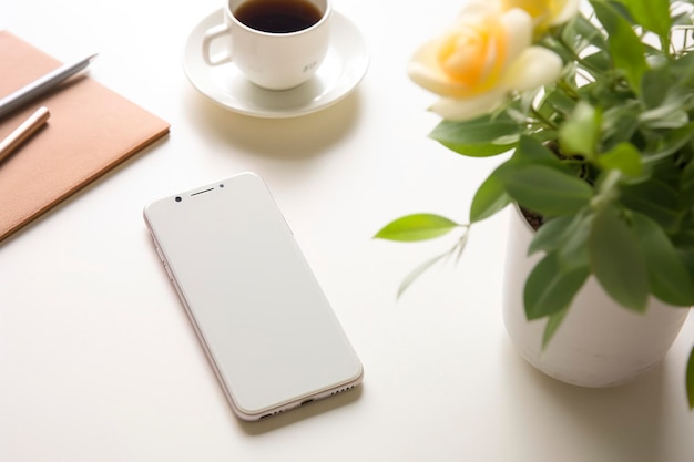 Urządzenie do modelowania telefonu typu lifestyle umieszczone przypadkowo na białym stole otoczonym przedmiotami codziennego użytku
