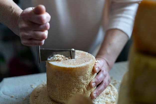 Urządzenie do skrobania sera szwajcarskiego Tete de moine Piękne naturalne światło Fabryka sera