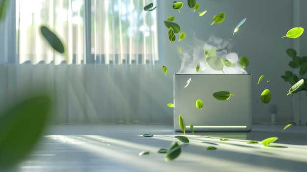 Urządzenie oczyszczające powietrze w pomieszczeniu wewnętrznym emituje świeże powietrze, gdy liście wypływają z niego