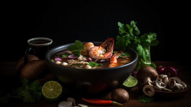 Zdjęcie urzekająca esencja tom yum goong w trybie ciemnym wizualne arcydzieło, które oddaje duszę kuchni tajskiej