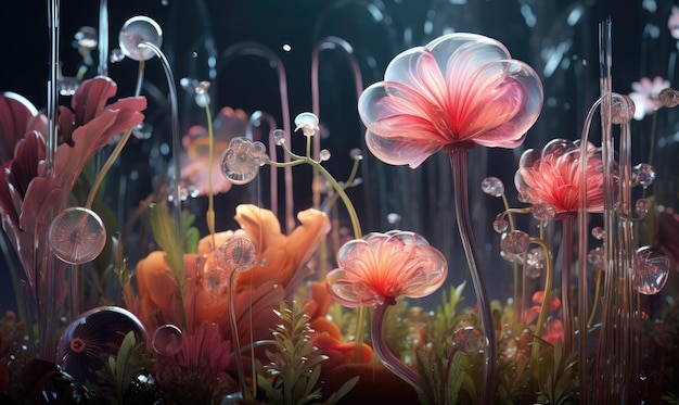Urzekająca martwa natura ze świecącymi płatkami ukazująca piękno natury w spokojnej scenerii Sztuka glassmorphism Eteryczna ekspozycja żywych kwiatów w szklanym wazonie Utworzono przy użyciu generatywnych narzędzi AI