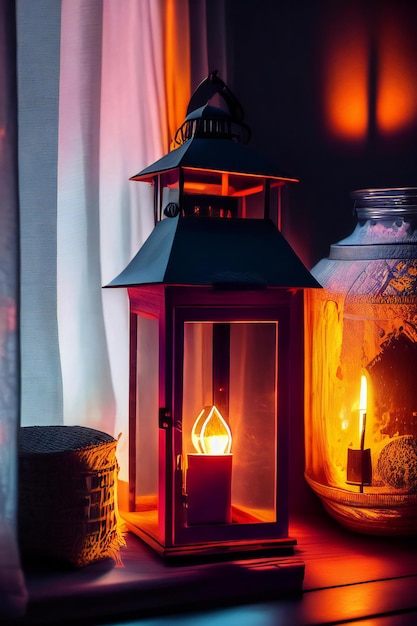 Zdjęcie urzekająca scena przedstawiająca latarnię świecącą w ciemności, rzucającą ciepłe i zachęcające światło