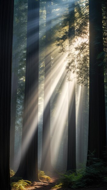 Zdjęcie urzekająca tapeta na telefon z promieniami słońca prześwitującymi mgliste sekwoje