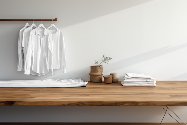 Urzekające zbliżenie Rzut oka na drewniany stół i schludne wieszaki na ubrania w minimalistycznej przystani