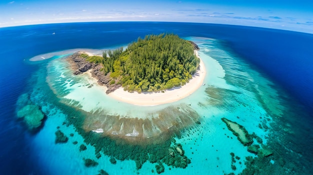 Urzekające zdjęcie lotnicze odległej, dziewiczej wyspy oferującej idylliczny i spokojny naturalny wypoczynek