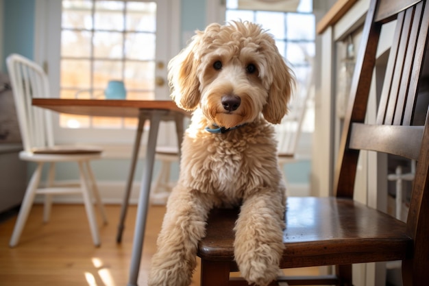 Urzekające złote spojrzenie Spotkanie Goldendoodle z kamerą