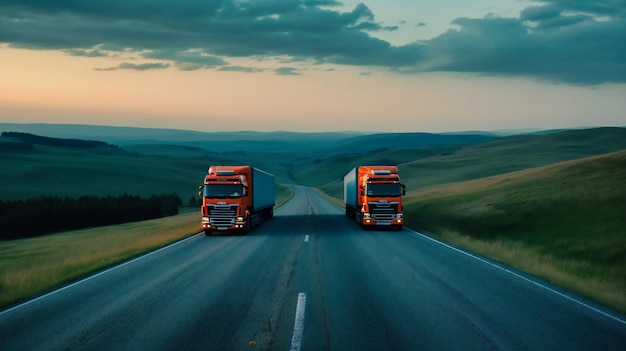 Urzekający obraz ciężarówek wyprzedzających na dziewiczej autostradzie, demonstrujący elegancję nowoczesnego transportu