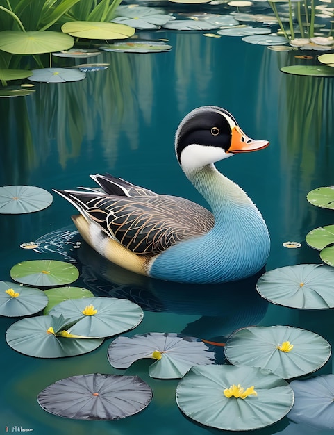 Urzekający obraz olejny przedstawiający uroczą kaczkę w pięknym otoczeniu