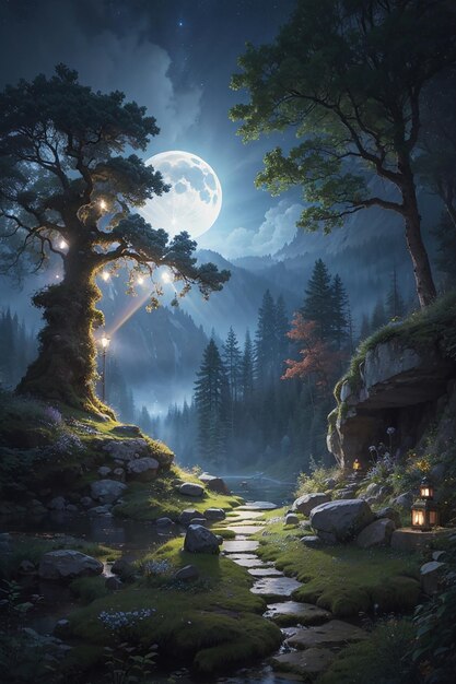 Urzekający, oświetlony delikatnym światłem księżyca w mistycznym lesie, który wyświetla