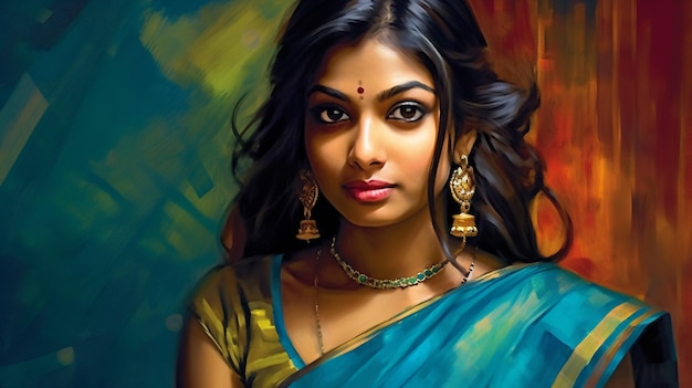 Urzekający portret młodej dziewczyny z Indii ubranej w jaskrawe jedwabne sari promieniujące elegancją i ok