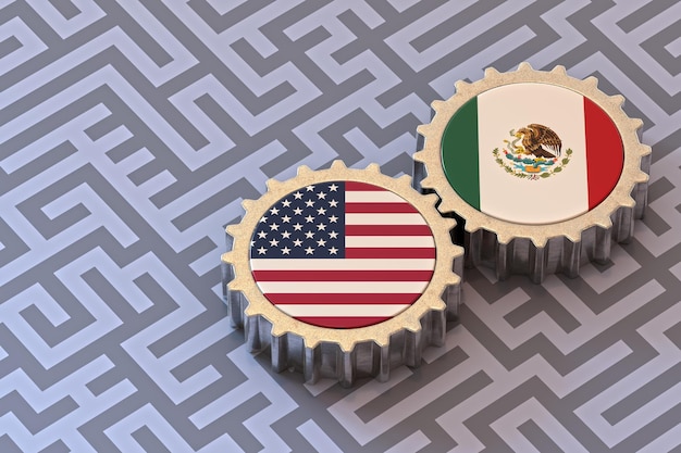 USA i meksykańskie flagi na koła zębate izolowane na tle labiryntu