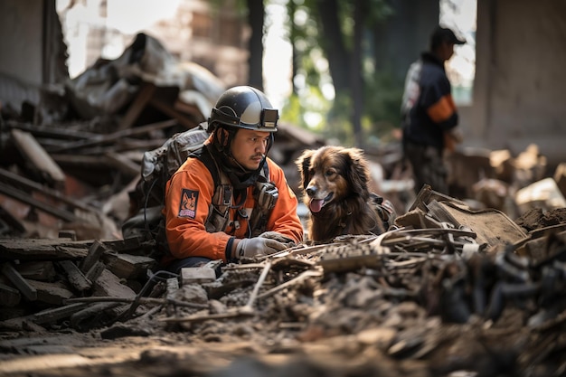 USAR Urban Search and Rescue wraz ze swoimi psami poszukiwawczymi i ratowniczymi K9 mobilizują się do poszukiwania ocalałych z trzęsienia ziemi wśród gruzów zawalonego budynku Wygenerowano za pomocą AI