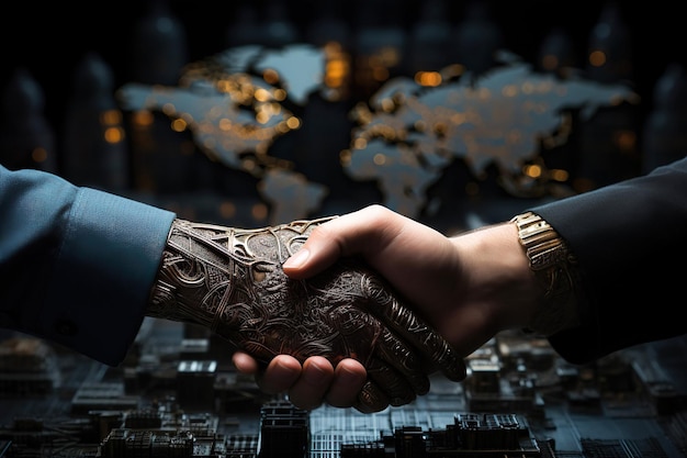 Uścisk dłoni między robotem a człowiekiem na tle mapy świata Relacja w zakresie rozwoju technologii AI między człowiekiem a robotem Generacyjna sztuczna inteligencja