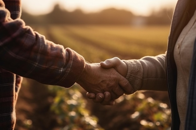 Zdjęcie uścisk dłoni rolnika z partnerem w sprawie umowy dotyczącej pola pszenicy rolnictwo