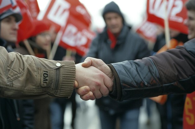 Uścisk ręki między obrońcą i zwolennikiem na zgromadzeniu