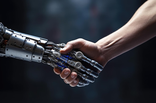Zdjęcie uścisk ręki między robotem a człowiekiem generatywna technologia sztucznej inteligencji