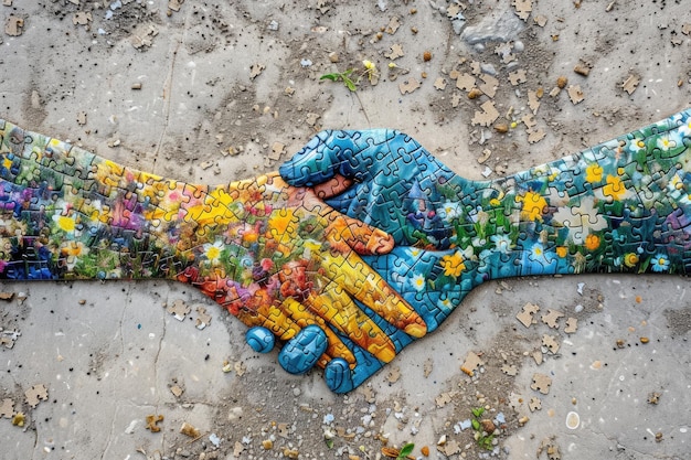 Zdjęcie uścisk ręki utworzony z kawałków układanki oznaczający współpracę i wzrost