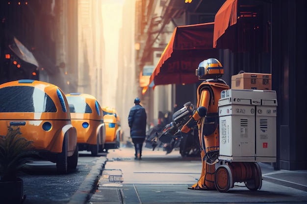 Usługa dostawy kurierskiej robota z droidami dokonującymi dostaw w ruchliwej dzielnicy biznesowej