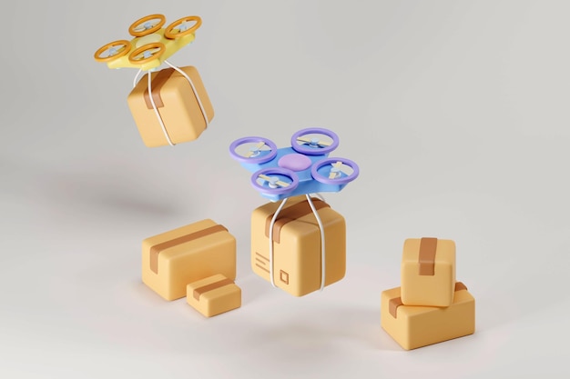 Usługi dostawy online z dronem dostawczym i pudełkiem na paczki na fioletowym tle E-commerce wysyłka i logistyka 3d render ilustracji
