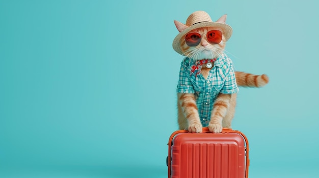 Uśmiech czerwony szkocki kot noszący okulary przeciwsłoneczne i koszulkę turystyczną i hata duży Generative Ai