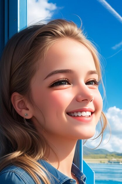 Zdjęcie uśmiech dziecka z niebieskim niebem
