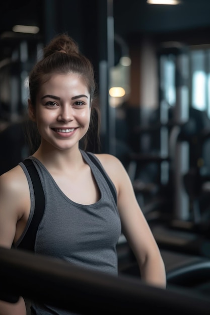 Uśmiech i kondycja kobiety w siłowni szkolenie dla zdrowia i dobrego samopoczucia stworzone za pomocą generatywnej sztucznej inteligencji