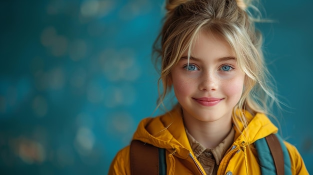 Uśmiech małej blondynki w wieku 12-13 lat, która nosi żółtą kurtkę i trzyma książki w plecaku, odizolowane na pastelowo-niebieskim tle.
