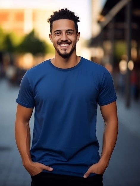 Uśmiech mężczyzny noszący wysokiej jakości niebieską koszulkę dla makiety