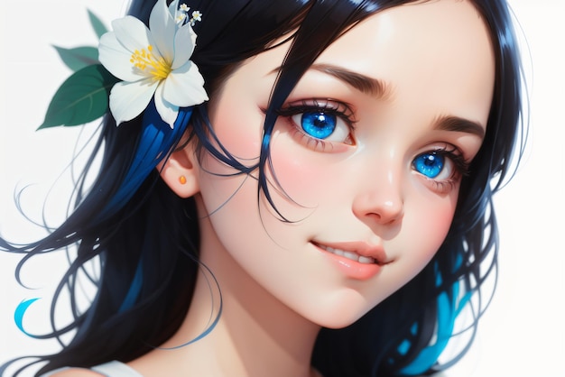 uśmiech piękna dziewczyna o dużych niebieskich oczach z niebieskimi włosami i kwiatkiem na głowie