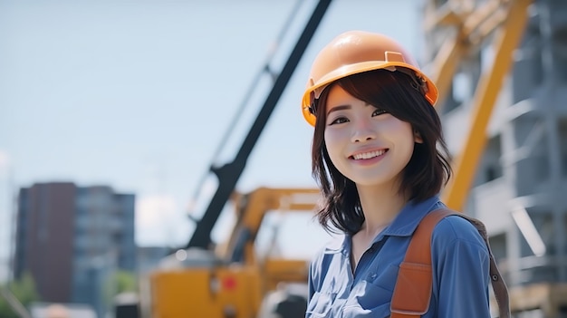 Uśmiech pięknej japońskiej robotnicy budowlanej