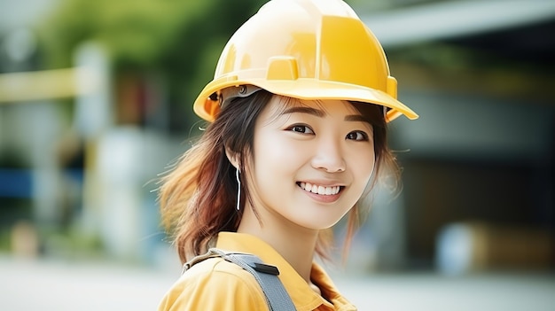 Uśmiech pięknej japońskiej robotnicy budowlanej