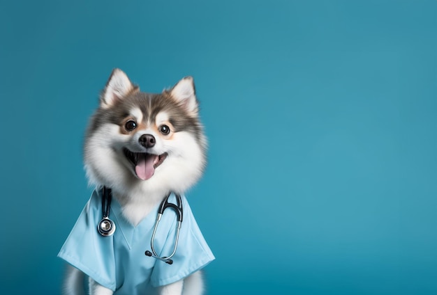 uśmiech pies sukienka lekarza na na białym tle niebieskim tle