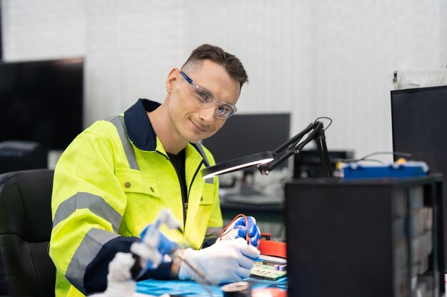 Uśmiechający się inżynier elektryk używa cyfrowego licznika do sprawdzania napięcia na pokładzie robota w fabryce