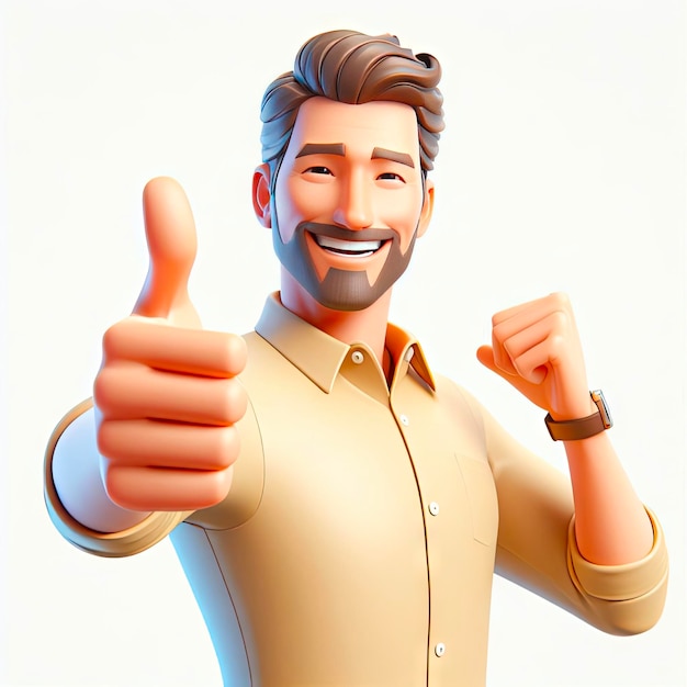 Uśmiechający się mężczyzna pokazujący kciuki na białym tle 3D charakter ai generatywny