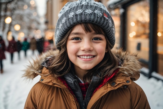 Uśmiechający się słodki dzieciak w ciepłych ubraniach na śnieżnym tle ulicy