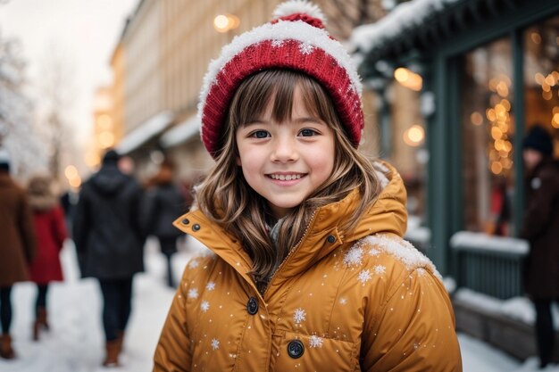 Uśmiechający się słodki dzieciak w ciepłych ubraniach na śnieżnym tle ulicy