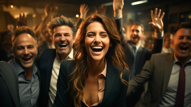 Uśmiechnięci biznesmeni i kobiety cieszą się sukcesem w radosnym biurze