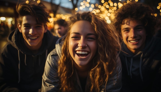 Zdjęcie uśmiechnięci młodzi dorośli, weseli mężczyźni i kobiety cieszący się zabawą na świeżym powietrzu generowaną przez sztuczną inteligencję
