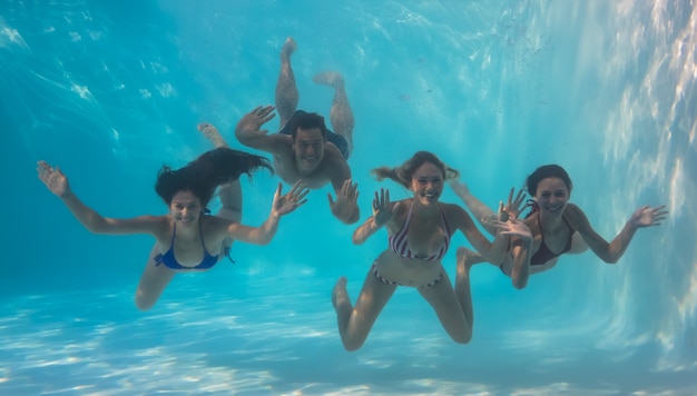 Uśmiechnięci przyjaciele patrzeje kamerę podwodną w pływackim basenie