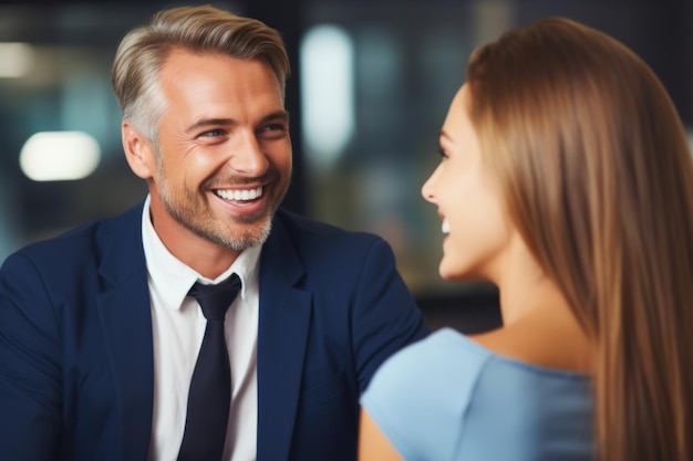 Uśmiechnięci roześmiani koledzy biznesmeni bizneswomen spotkanie dyskutują przyjazną współpracę dialogu