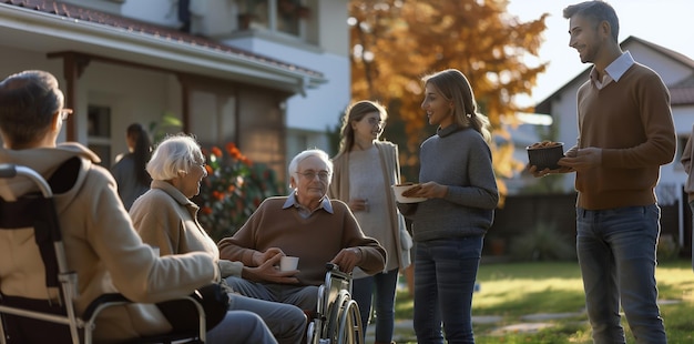 Zdjęcie uśmiechnięci seniorzy szczęśliwi ze swoją rodziną i sąsiedztwem