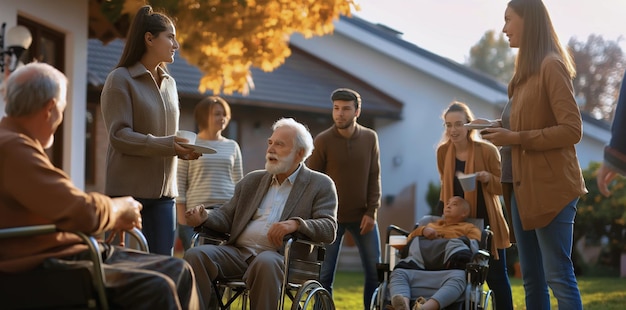 Zdjęcie uśmiechnięci seniorzy szczęśliwi ze swoją rodziną i sąsiedztwem