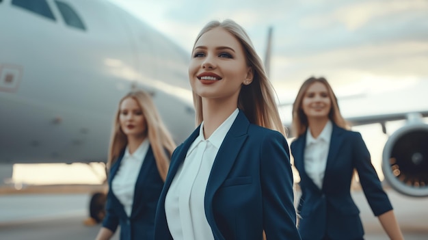 Uśmiechnięci stewardesy w mundurach z pewnością kroczą po pasie lotniczym z samolotem w tle