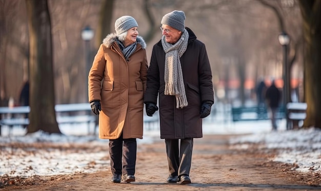 Uśmiechnięci szczęśliwi kaukascy dojrzali małżonkowie przytulający się podczas chodzenia