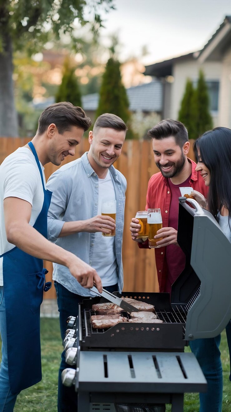 Uśmiechnięci, szczęśliwi przyjaciele grillujący na grillu na podwórku.