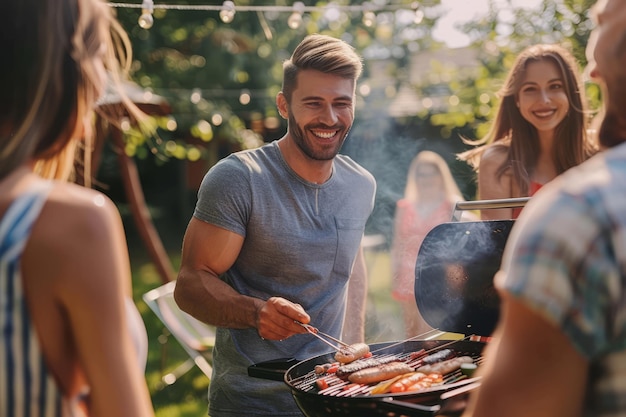 Uśmiechnięci, szczęśliwi przyjaciele grillujący na podwórku, impreza barbecue, sztuczna inteligencja generatywna.